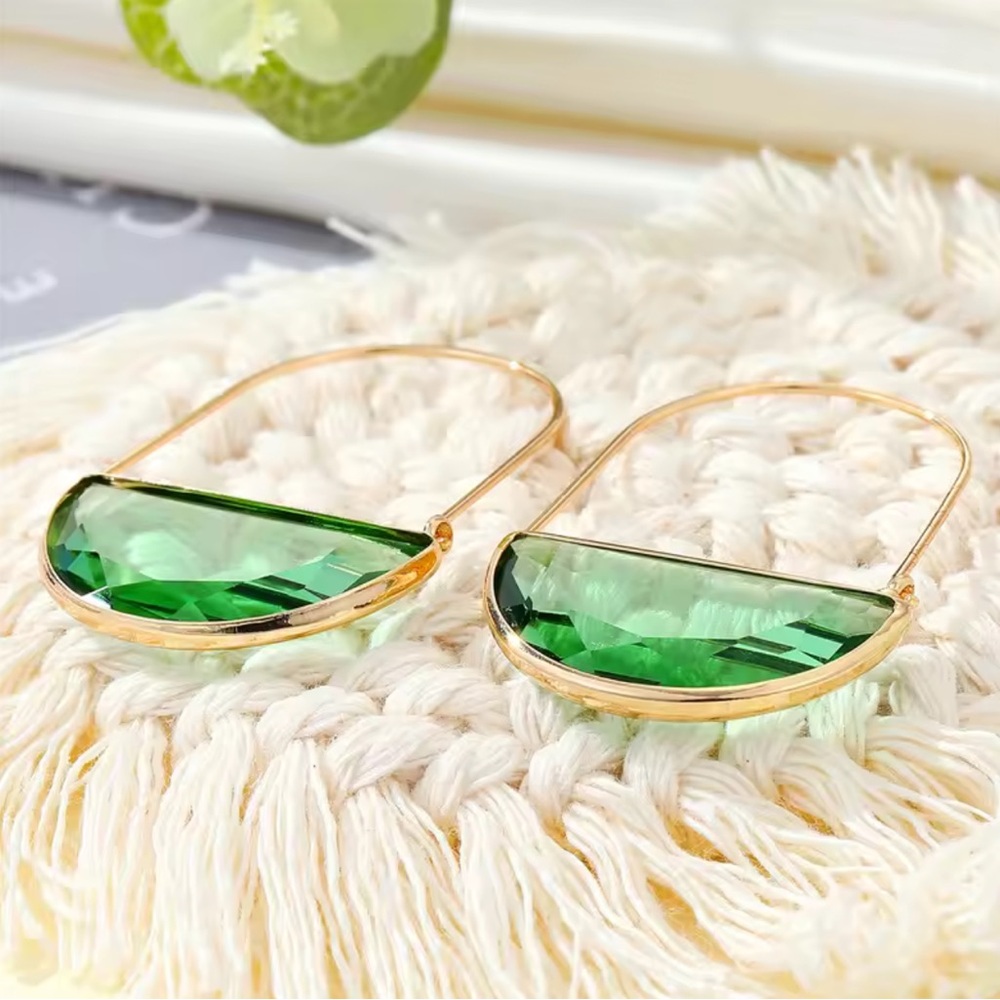 Anthropologie Light Green Glass Crescent Hoop Gold Earrings - Picture 3 of 7